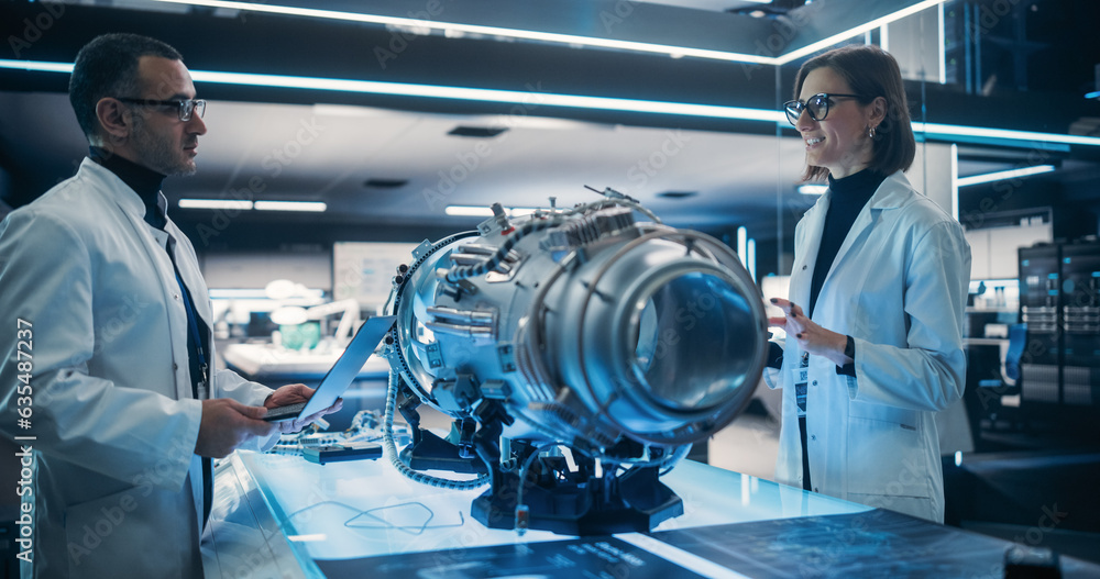 Poster professional multicultural team of female and male engineers working on industrial jet turbine in a 