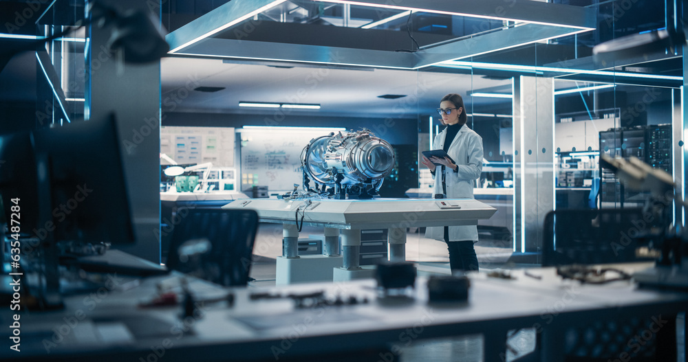 Poster young industrial turbine specialist in glasses standing at a table with an innovative invention. fem