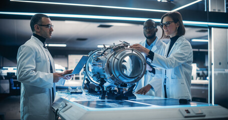 Diverse Multiethnic Team of Industrial Engineers Gathered Around a Table With an Innovative Turbine...
