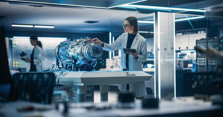 Industrial Engineer Working on a Futuristic Jet Engine, Standing with Tablet Computer in Scientific Technology Lab. Female Scientist Developing a New Electric Motor in a Research Facility - obrazy, fototapety, plakaty