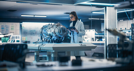 Industrial Engineer Working on a Futuristic Jet Engine, Standing with Tablet Computer in Scientific...