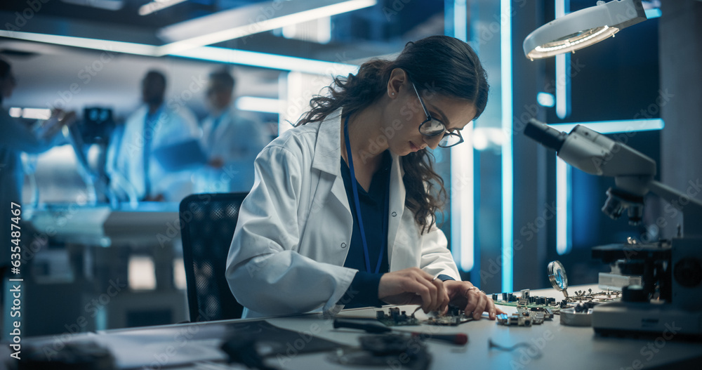 Aufkleber Proffesional Female Engineer Working on Electronic Circuit Boards. On Blurred Background Industrial Robotics Specialists in Lab Coats Working on a Mobile AI Robot in a Tech Factory Facility.