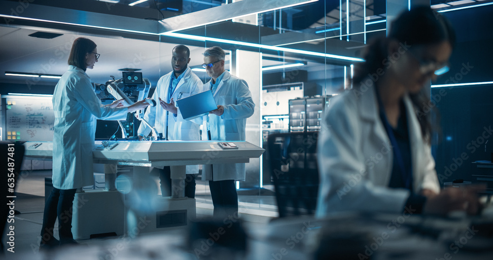 Poster Proffesional Female Engineer Working on Electronic Circuit Boards. On Background Industrial Robotics Specialists in Lab Coats Working on a Mobile AI Robot in an Advanced Tech Factory Facility.
