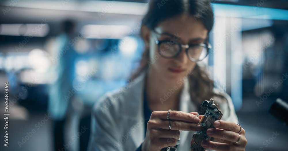 Aufkleber Focused Professional Female Engineer Working on Electronic Circuit Boards. Industrial Robotics Specialists in Lab Coats Developing a Mobile AI Robot in an Advanced Tech Factory Facility.