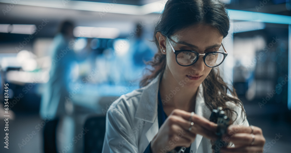 Poster Focused Professional Female Engineer Working on Electronic Circuit Boards. Industrial Robotics Specialists in Lab Coats Developing a Mobile AI Robot in an Advanced Technology Factory Facility.
