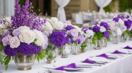 Fototapeta na wymiar Luxurious Wedding Reception Table Setting with Elegant Purple Flower Decor. Generative AI.