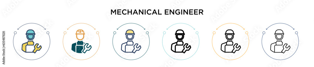 Poster mechanical engineer icon in filled, thin line, outline and stroke style. vector illustration of two 