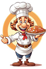 Illustration of cute turkey chef holding a pie in his hand for thanksgiving