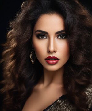  Iranian girl, Striking eyes, voluminous wavy hair  red lipstick on her face and a black background 