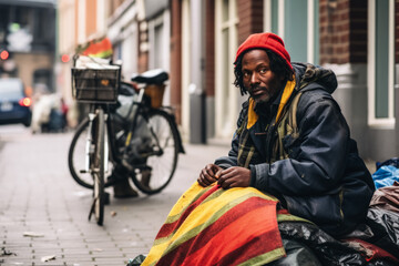 Homeless man sleeps on the pavement in the Belgium hiding behind the Belgian flag 