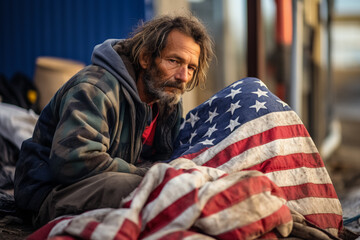 Homeless man sleeps on the pavement in the USA hiding behind the American flag 