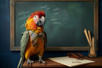 a parrot in a tie sitting near a blackboard on a desk in a classroom
