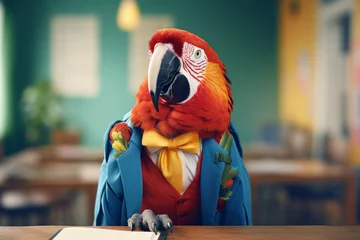 Meubelstickers a colorful parrot in a suit, tie and other accessories sits on a table © vasyan_23