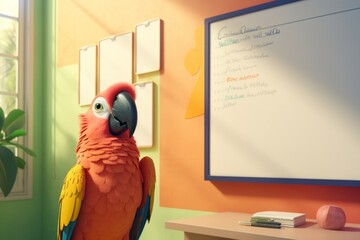 a colorful parrot stands in front of a desk, behind a school board