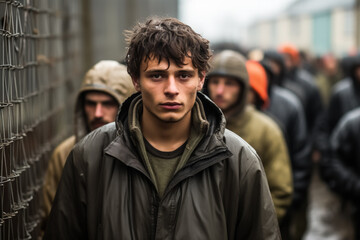 Immigration to Germany young men standing at the border fence 