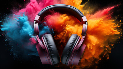 Music and Powder: A Creative Expression of Joy: Headphones and color powder, representing the creative expression of joy at music festivals.