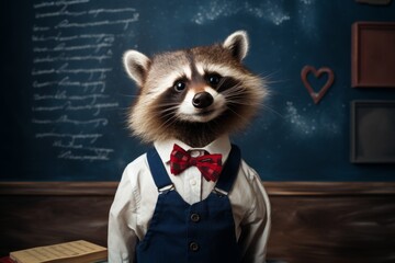 A raccoon in a white shirt and a bow tie is standing near a school board