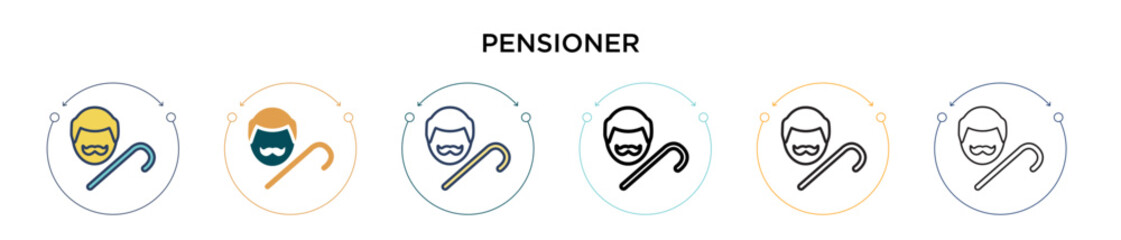 Pensioner icon in filled, thin line, outline and stroke style. Vector illustration of two colored and black pensioner vector icons designs can be used for mobile, ui, web