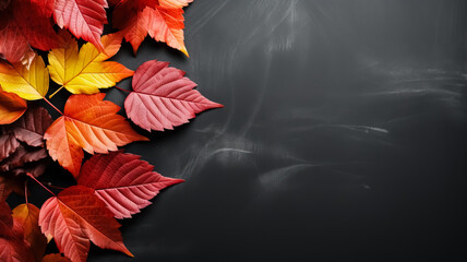 Autumn background with colored red leaves on black slate background top view copy space 