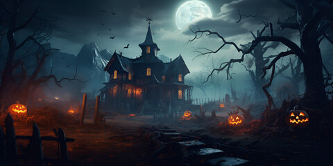 Fototapeta na wymiar Scary Halloween night concept art, Dark scary horror house with glowing windows on blurry background, Witch House, Haunted house, generative Ai 