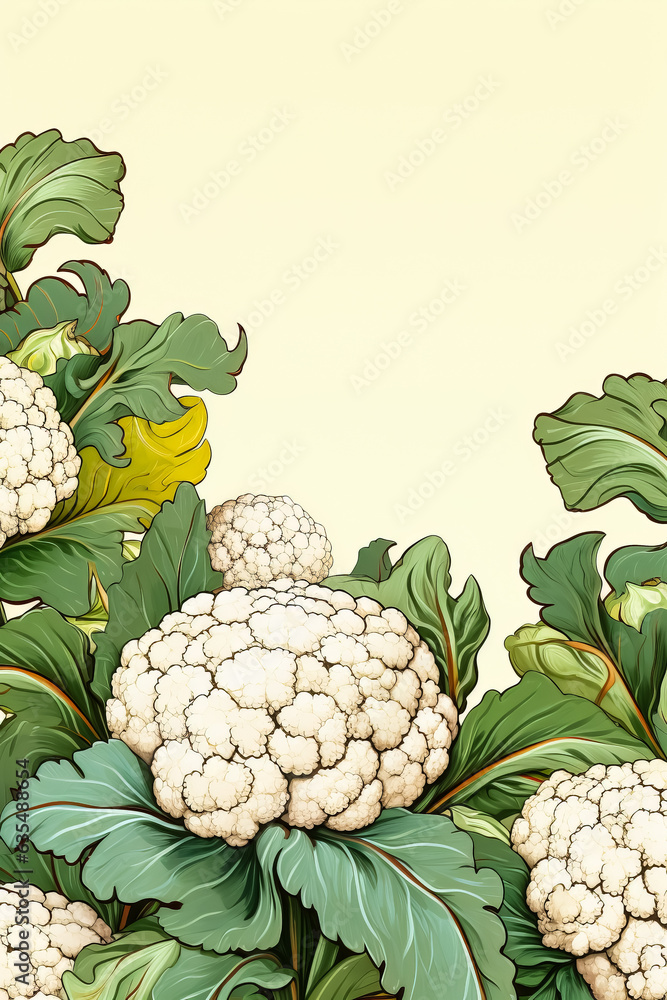 Poster cauliflower with leaves illustration background with empty space for text