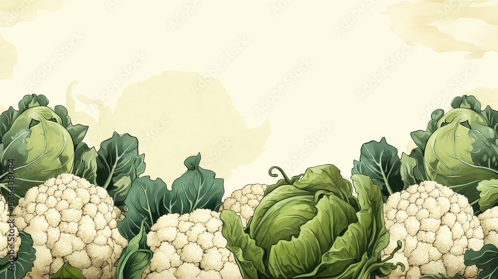 Poster cauliflower with leaves illustration background with empty space for text