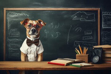 a dog wearing glasses is sitting at the desk in front of a chalkboard