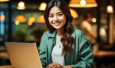 Efficient Work Ethic: Asian Office Girl Smiles Amid Laptop Tasks
