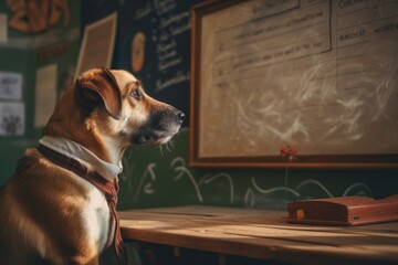 dog in classroom looking at blackboard, in the style of detailed atmospheric portraits