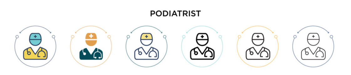Podiatrist icon in filled, thin line, outline and stroke style. Vector illustration of two colored and black podiatrist vector icons designs can be used for mobile, ui, web - obrazy, fototapety, plakaty