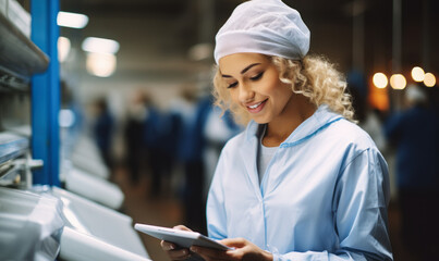Obraz na płótnie Canvas A Confident and Efficient Female Worker: A confident and efficient female worker uses a tablet to check the production line in a factory.