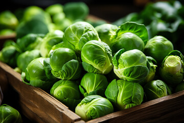 Fresh organic brussels sprouts in autumn tray market agriculture farm background top view 