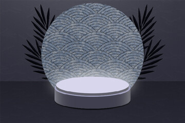 Glowing White 3d Podium With Circles And Plants Behind In Shades Of Blue