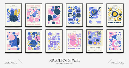 Abstract space and cosmos posters template. Modern trendy Matisse minimal style. Astronomy and Stellar decor. Hand drawn design for wallpaper, wall decor, print, postcard, cover, template, banner