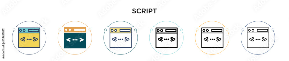 Poster script icon in filled, thin line, outline and stroke style. vector illustration of two colored and b