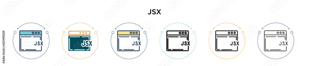 Poster jsx icon in filled, thin line, outline and stroke style. vector illustration of two colored and blac