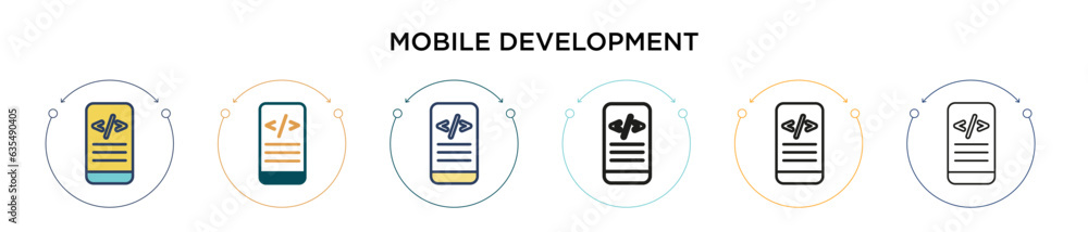 Poster mobile development icon in filled, thin line, outline and stroke style. vector illustration of two c