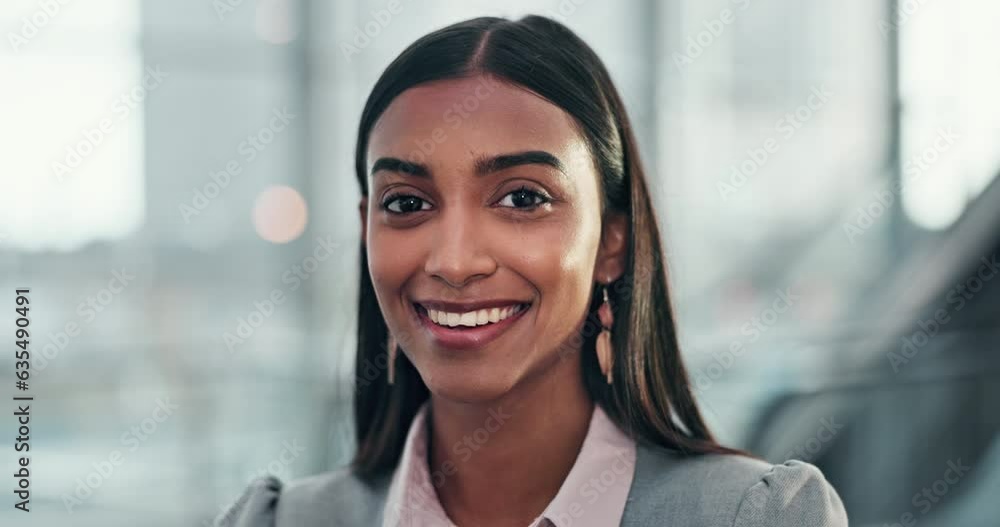 Sticker Smile, confident and portrait of a business woman or intern in office building happy for company growth or development. Worker, corporate and proud professional employee in a modern workplace