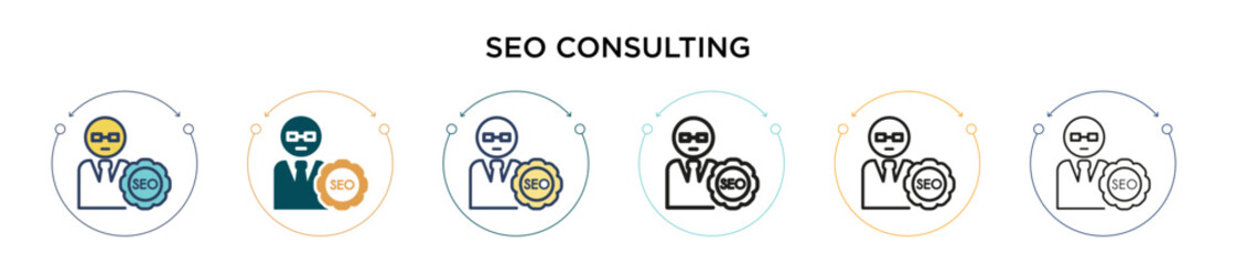 Seo consulting icon in filled, thin line, outline and stroke style. Vector illustration of two colored and black seo consulting vector icons designs can be used for mobile, ui, web