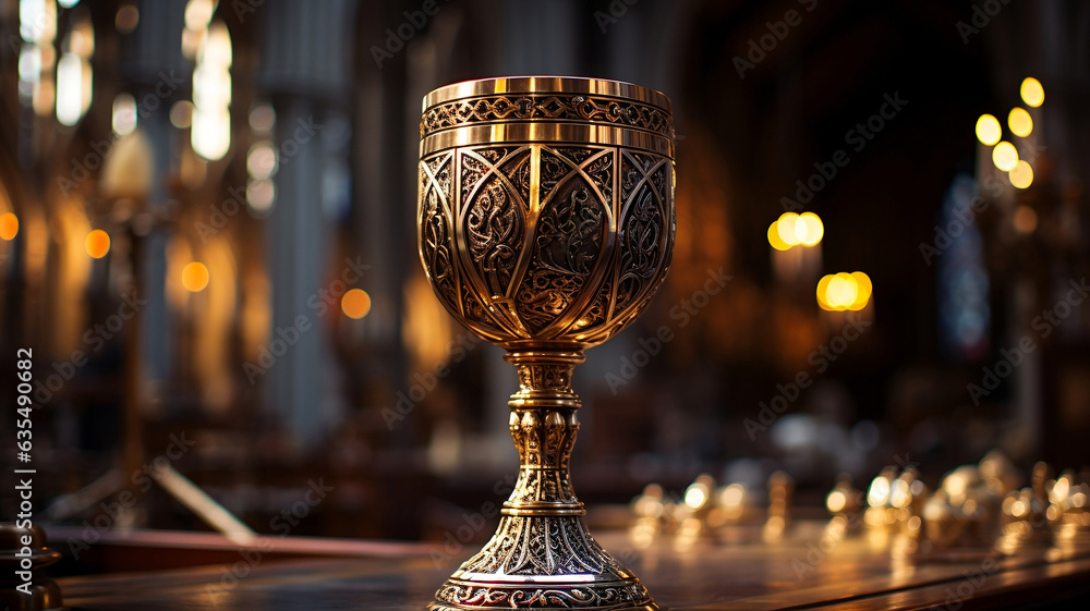 Wall mural close up of holy chalice with customizable space for text or prayers.