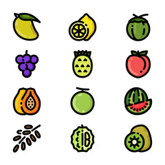 fruits icon set, in cute colored outline style, includes mango, watermelon, coconut, and lemon. suitable for use in food and beverage needs.