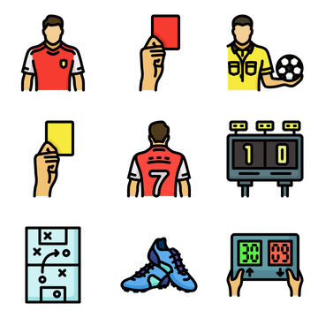 soccer icon set, in colored outline style, includes player, score, card, shoe, strategy, and referee. Suitable for use in sports and football needs.