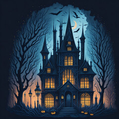 Fantastic black castle. Halloween scene horror background with spooky pumpkins of spooky mansion with halloween bats. Evil house at night.