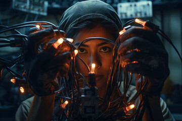 A close-up shot of a woman electrician's hands as she skillfully splices wires, her meticulous workmanship evident in every movement  - obrazy, fototapety, plakaty