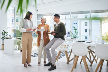 CEO, documents or funny business people in meeting laughing at joke in discussion with paperwork....