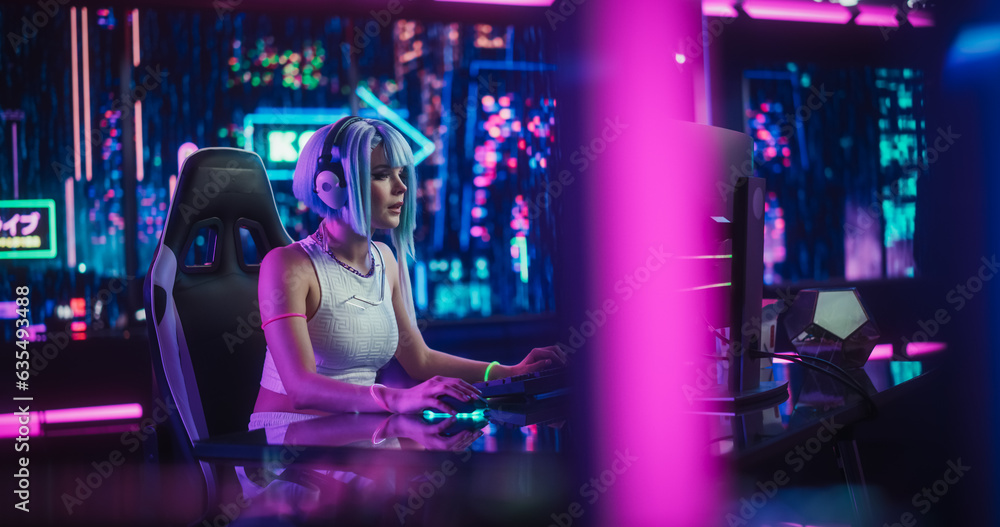 Poster digital future with stunning young woman using a computer in a technologically advanced room with fu
