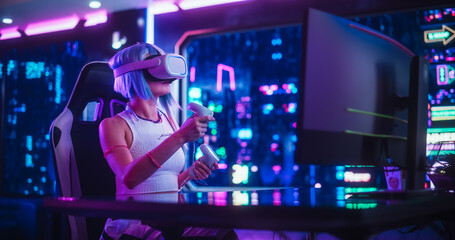 Cyberpunk Gamer Girl Wearing a Virtual Reality Headset and Using Controllers in a Neon Futuristic...