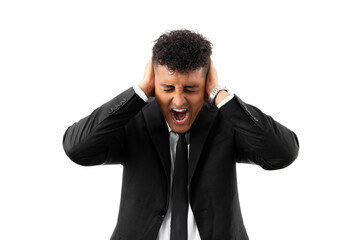 Angry man using business suit over white background a with hands on head, afraid and surprised of shock with open mouth