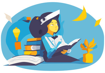 Knowledge Day. Teacher's Day. A set of books. Thoughtful female teacher. Vector isolated illustration on white background