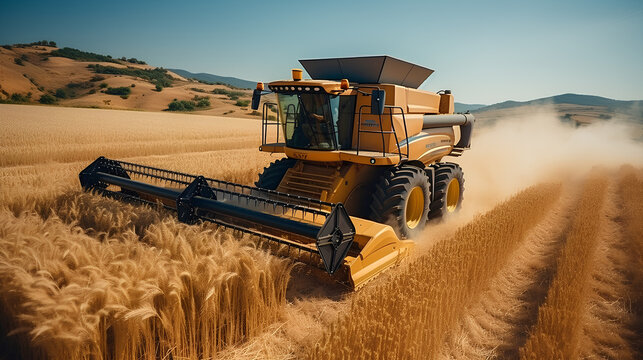 Combine harvester working on wheat field.
